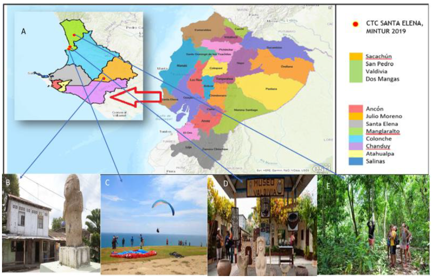  : A Mapa de Ecuador, provincia de Santa Elena (4 CTC's). B comuna de Sacachún (imagen de San Biritute). C comuna de San Pedro (actividad turística de parapente). D comuna Valdivia (Museo Venus de Valdivia). E comuna Dos Mangas (bosque protector).