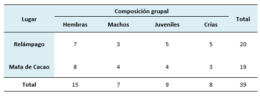Tabla 2: Censos directos de la composición grupal