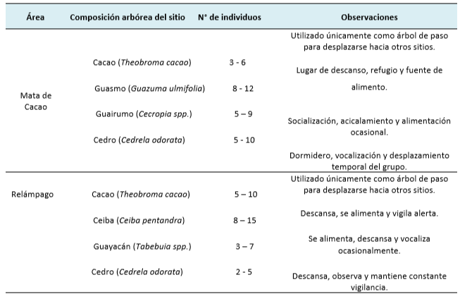 Tabla 3: Composición arbórea en zonas de Mata de Cacao y Relámpago