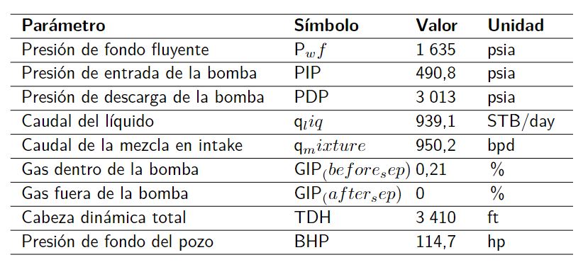 Parámetros operativos de la bomba obtenidos
					de la simulación del pozo de prueba
