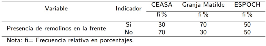 Frecuencias relativas en % presencia de remolinos de Cavia porcellus según zonas de procedencia
