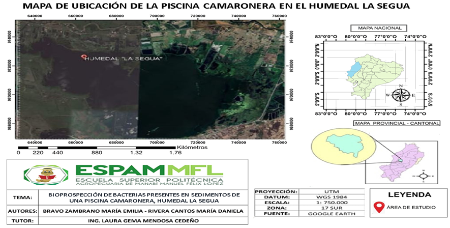  Mapa de ubicación de la piscina camaronera en el Humedal La Segua, Chone