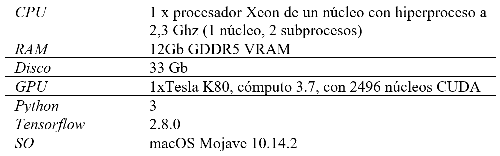 Especificaciones de Google Colab para el estudio.