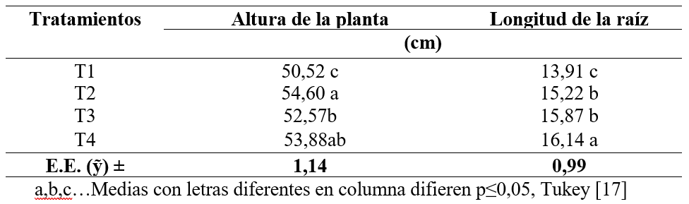 Efecto de la fertilización en la altura de la planta y longitud de la raíz (cm) según los tratamientos.